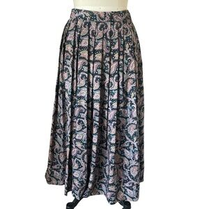 Vintage Laura Ashley Black and Pink Paisley Midi Skirt, Sz 10